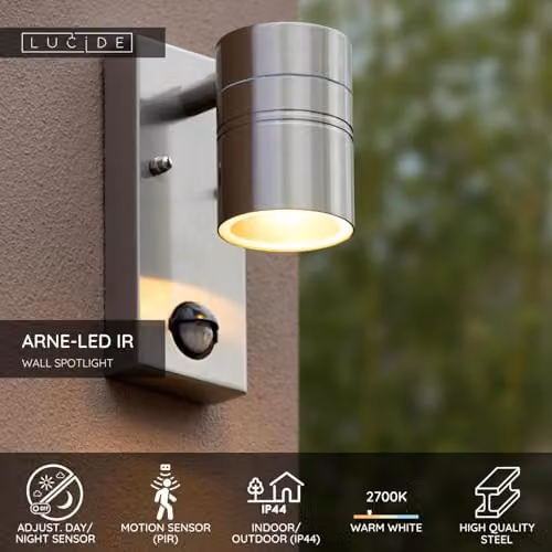 Lucide ARNE LED Outdoor Wall Spotlight with Motion Sensor, Satin Chrome, GU10, Ø 6.3 cm – 2