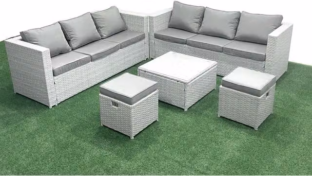 Fimous 8-Seater L-Shape Outdoor Rattan Sofa Set in Grey with 2 Ottomans and Tempered Glass Coffee Table