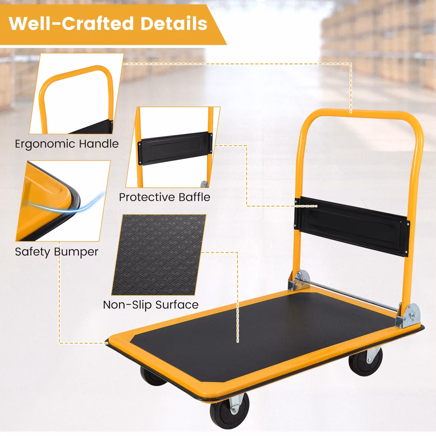 Gymax Metal Folding Platform Truck Push Dolly Cart in Black and Yellow with 300kg Load Capacity – 8