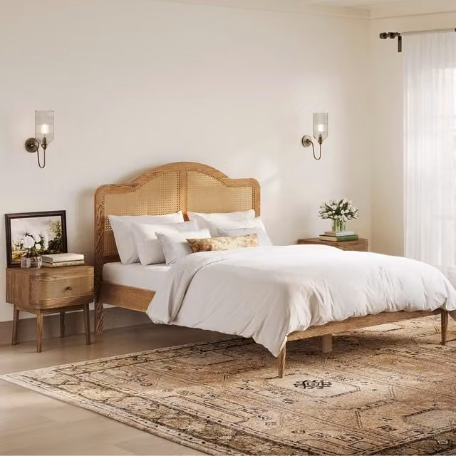 LPD Home Claude Smoked Double Bed in Brown and Beige with Rattan and Solid Wood