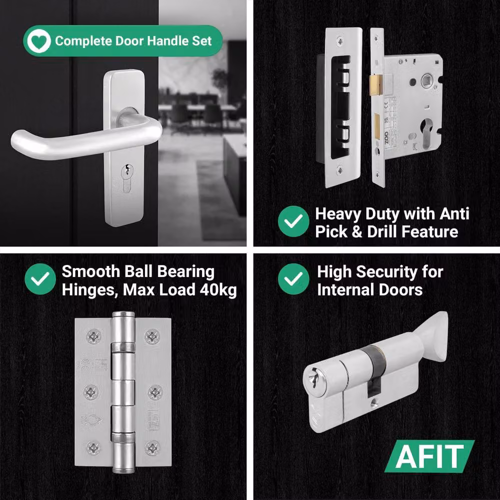 AFIT Satin Steel Lever Backplate with Euro Lock Thumb Turn Cylinder and Hinges in Silver, 150 x 150 mm – 2