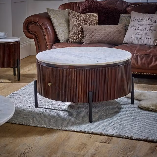 Luxor Living Luxor Round Fluted Mango Wood Coffee Table with Marble Top and Metal Legs, Brown and White, W/D/H: 80 x 80 x 45 cm
