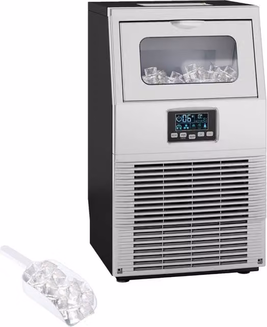 Rolipo Silver Commercial Ice Maker with 30kg Capacity and 4kg Storage, Digital Display and Stainless Steel Finish – 1