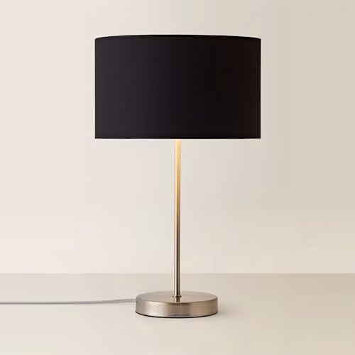 ValueLights Charlie Chrome Stem Table Lamp with Black Fabric Drum and Chrome Inner Shade