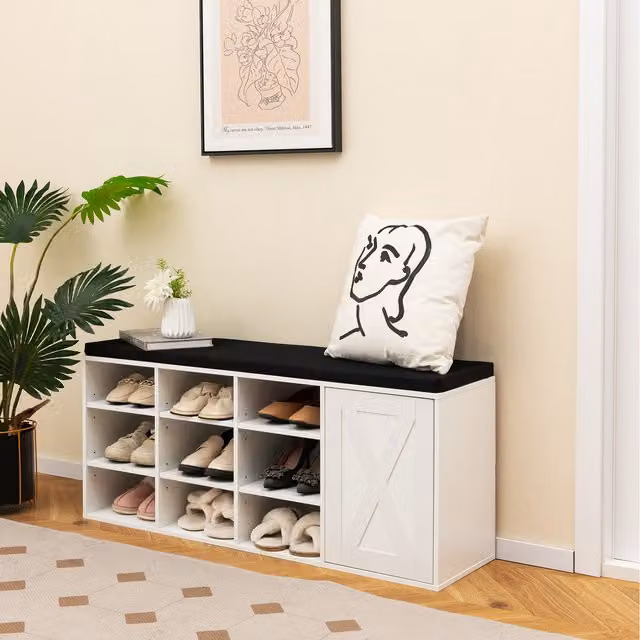 COSTWAY 3-Tier White Modern Entryway Bench and Shoe Rack