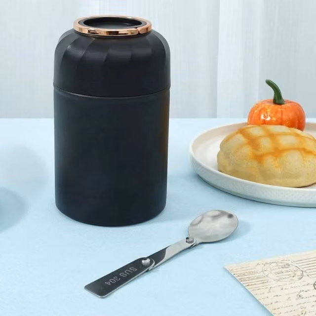 KORVIXA Stainless Steel Hot Food and Soup Thermos Flask in Black