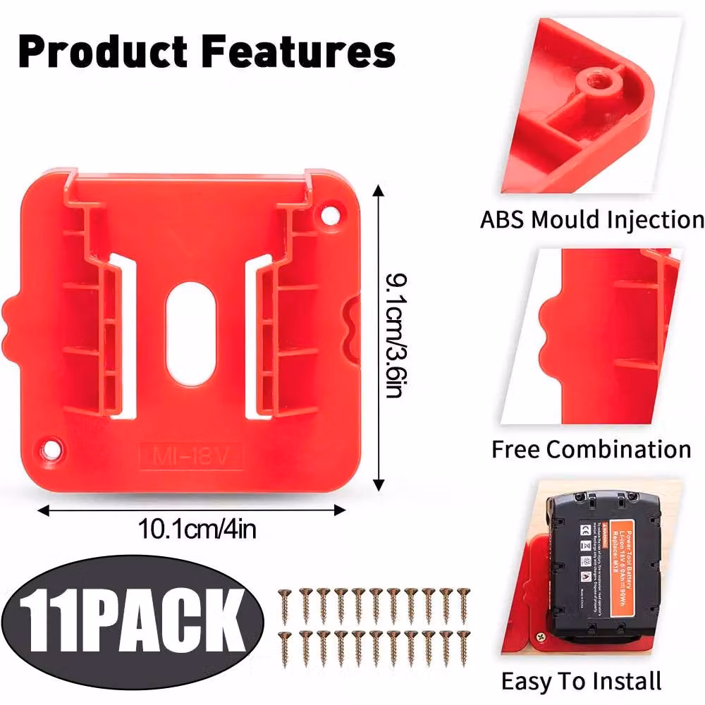 VOGREX Red Wall Mounted Battery Storage Holder for Milwaukee M18 18V Batteries – 2
