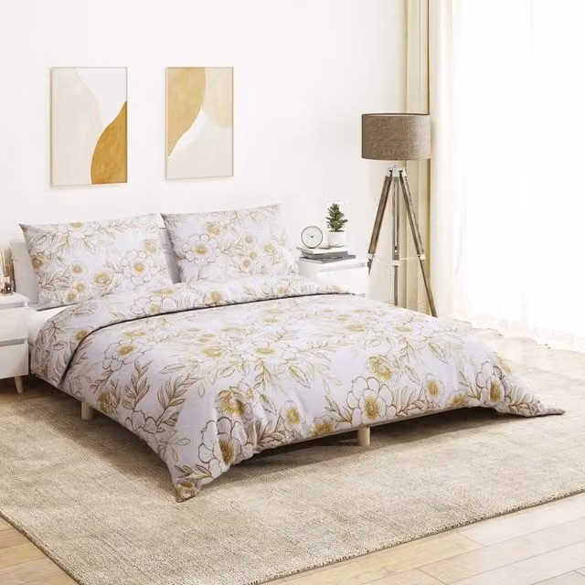 Berkfield Home Cotton Duvet Cover and Pillowcase Set in White and Brown Floral Design, W: 140 cm, L: 200 cm