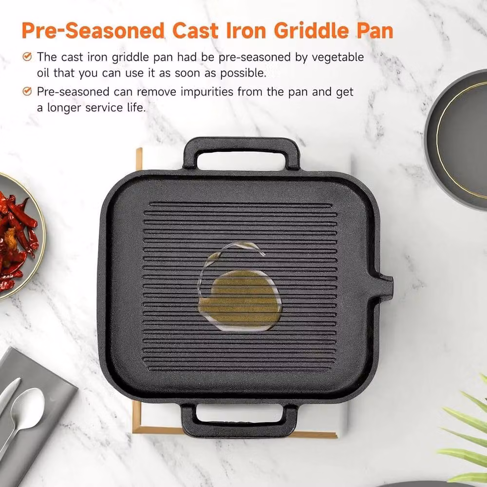 Kelvenix Non-Stick Cast Iron Griddle Skillet Pan with Double Handles, Black, W/D/H: 30 x 30 x 2 cm – 5