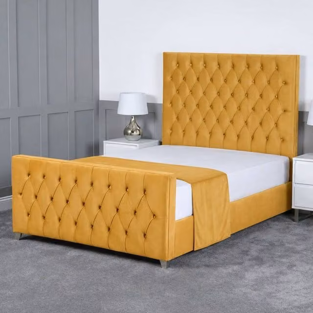Living Comfort Bedz Vertex Upholstered Velvet Gas Lift Storage Bed with 48 Inch Headboard in Yellow, W/D/H: 120 x 200 cm