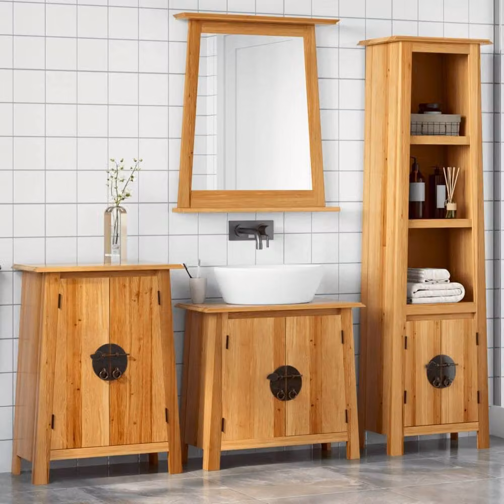 Berkfield Home 4 Piece Rustic Brown Solid Wood Pine Bathroom Furniture Set – 2