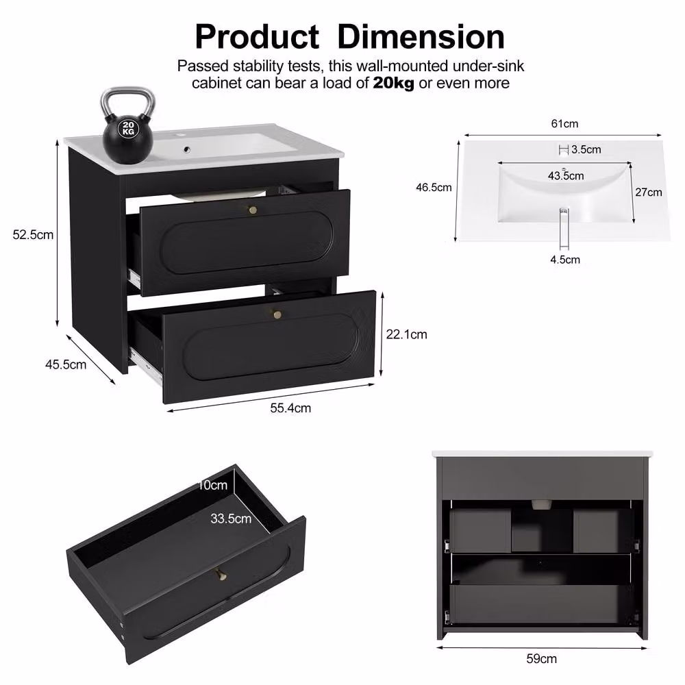 KEEPREAPER Wall Hung Bathroom Vanity Unit with Basin and 2 Soft-Close Drawers in Black and Gold – 3