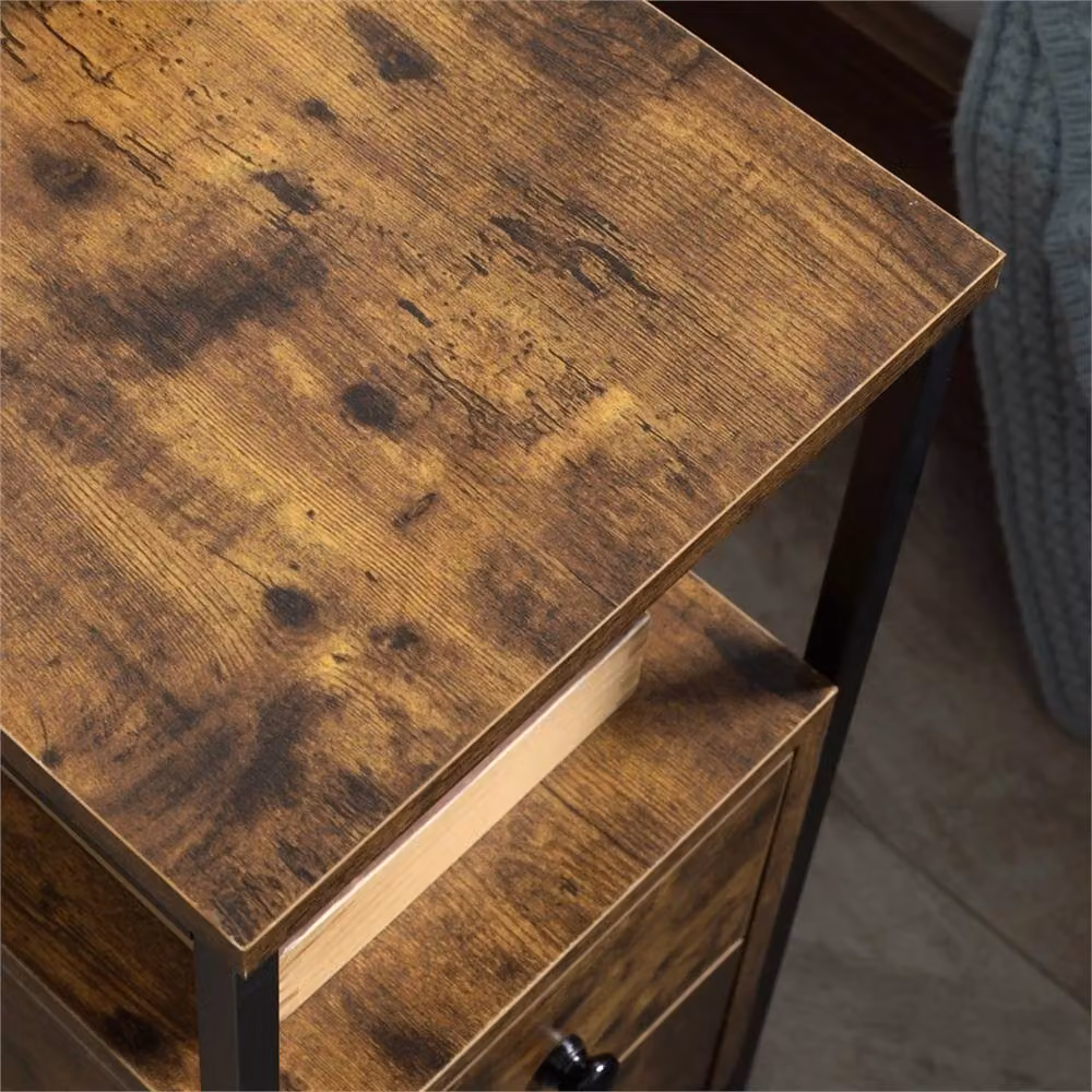 Nordara Industrial Narrow End Table with 2 Drawers and Storage Shelf, Brown and Black, W/D/H: 30 x 60 x 61 cm – 5