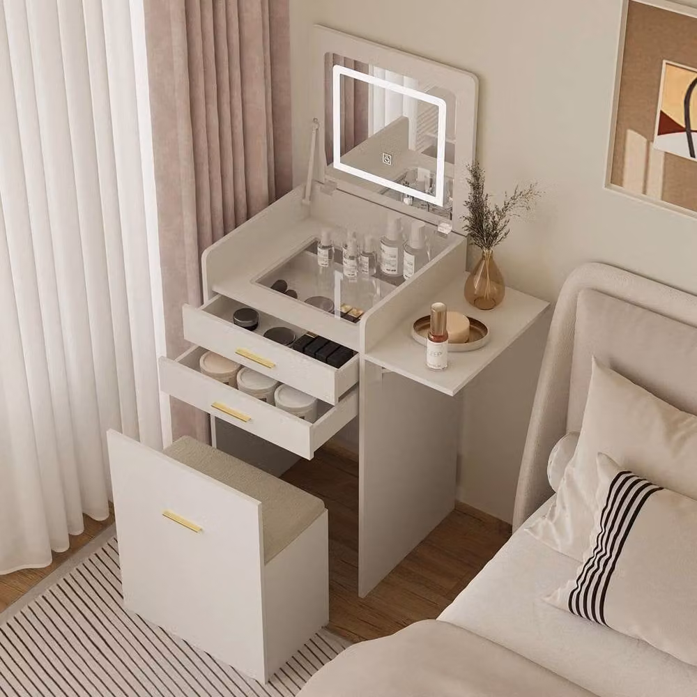 FORGEVIO Modern White Dressing Table Vanity Set with Hollywood LED Mirror and Glass Top – 2