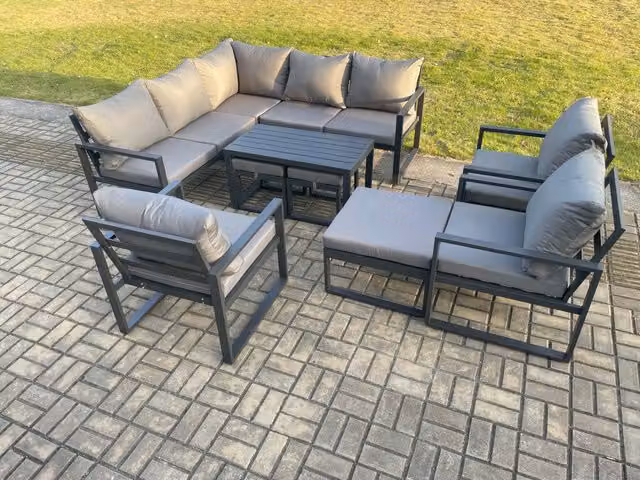 Fimous 11 Seater Aluminium Outdoor Garden Furniture Set in Dark Grey with L-Shape Sofa, Coffee Table and 3 Footstools
