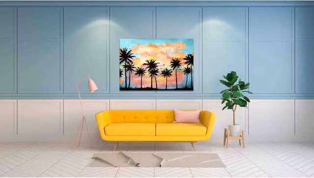 Benjamin Tate Design LTD Watercolor Tropical Landscape with Palms Graphic Art on Canvas, Multicolour, W: 31 cm, H: 46 cm