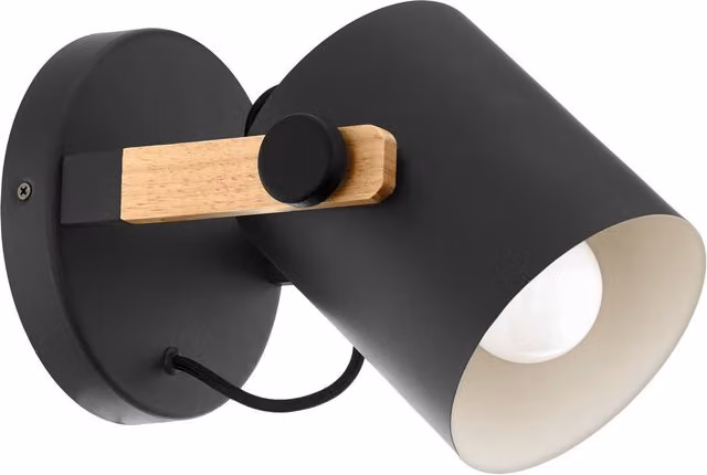 Loops Adjustable LED Wall Sconce in Black and Wood with Beige Shade, E27 Bulb Compatible – 1