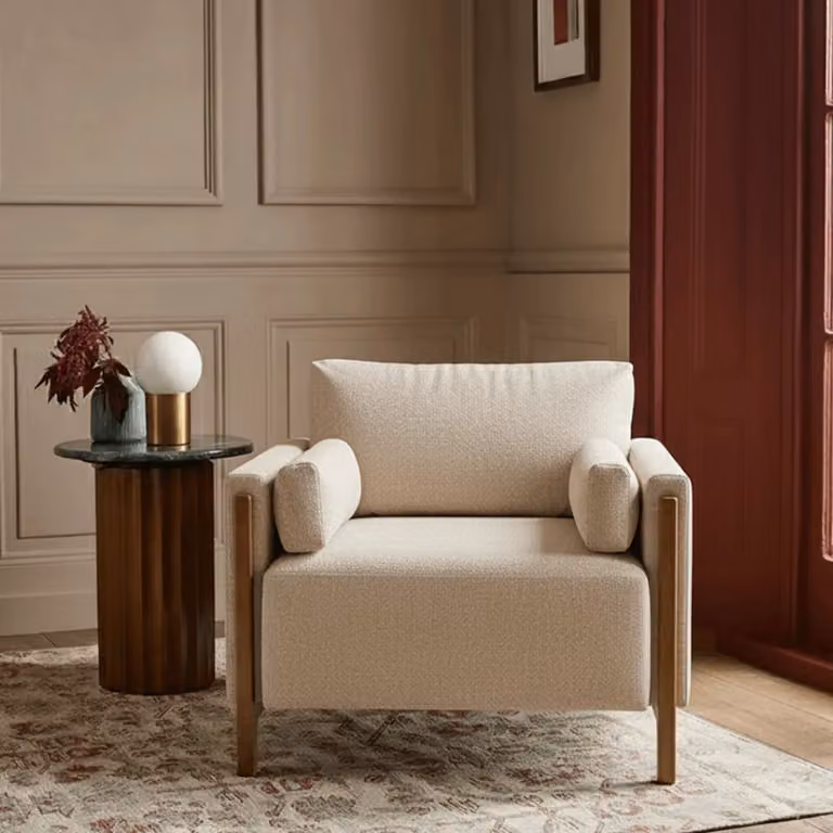 Atkin and Thyme Audrey Mid-Century Armchair with Solid Wood Frame in Beige Fabric