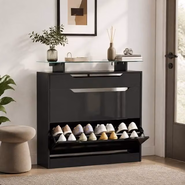 STILVORA Modern Black Shoe Storage Cabinet with Tilting Compartments and Drawer, H 96 x W 89 x D 23 cm – 1