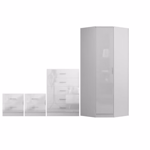 Reflect Modern Bedroom Furniture Set in White Gloss and Matt White Finish featuring Corner Wardrobe, Chest of Drawers and 2x Bedside Tables – 2