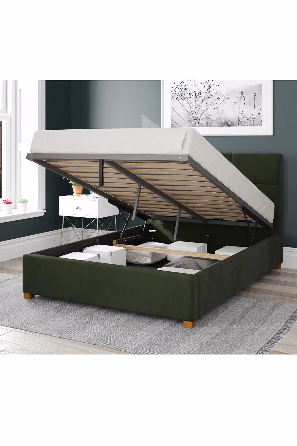 Aspire Caine Upholstered Ottoman Storage Bed in Dark Olive Green Velvet, W/D/H: 140 x 200 cm – 2