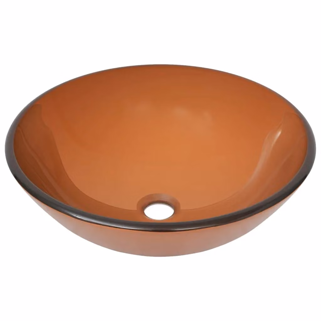 Berkfield Home Round Brown Tempered Glass Countertop Bathroom Sink with Tap and Push Drain – 3
