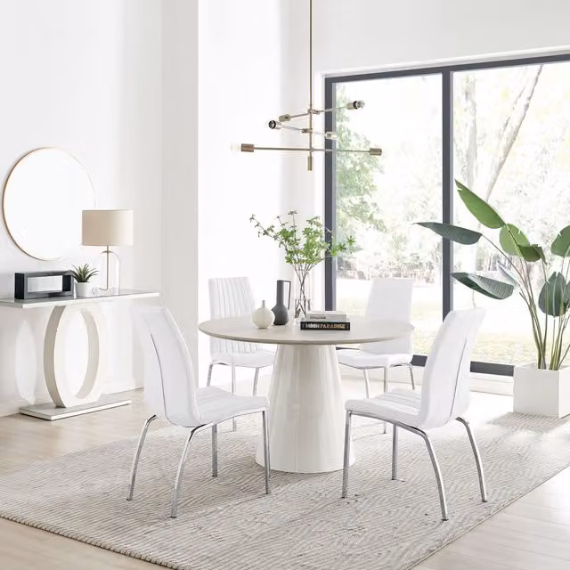Furniturebox Palma Beige Stone Effect Round Dining Table and 4 Isco Chairs in White