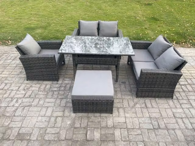 Fimous 6 Seater Wicker Rattan Garden Dining Set with Sofa, Table and Footstool in Dark Grey