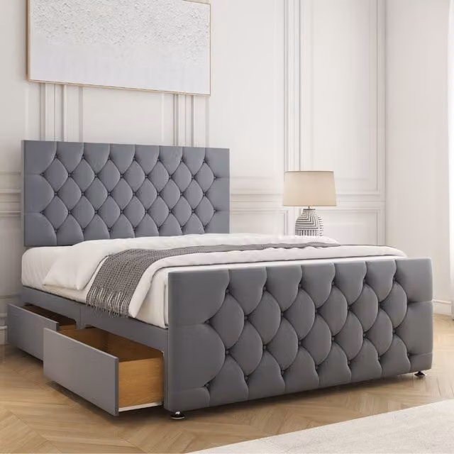BSSPOKE Maya Velvet Plush Divan Bed with 24 inch Headboard, Footboard, 4 Drawers and Mattress in Charcoal Grey, Super King, W/D/H: 200 x 200 cm