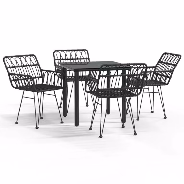 Berkfield Home 5 Piece Black Poly Rattan Garden Dining Set with Glass Top