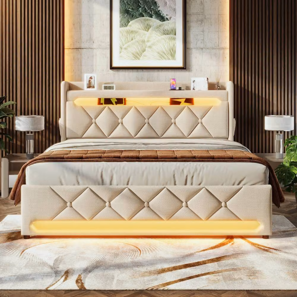 STILVORA Super King Upholstered Bed in Beige with LED Lighting, USB Charging Port and Bedside Shelf, W: 180 cm, L: 200 cm – 3