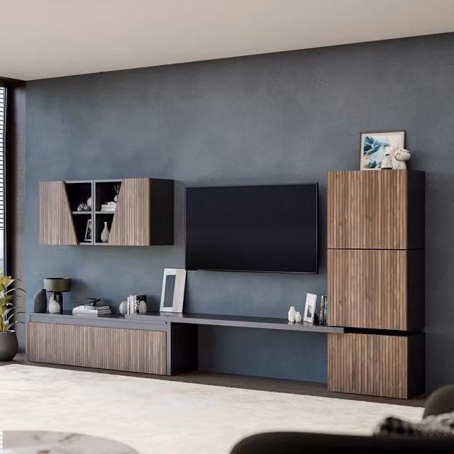 Decorotika Modern Brown Wall Mounted Living Room Entertainment Center with Open Shelves and Geometric Design
