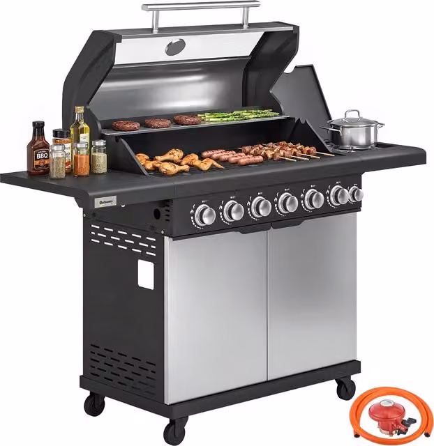 Outsunny 6 plus 1 Burner Gas BBQ Grill Barbecue Trolley with Side Burner, Warming Rack and Wheels, Silver
