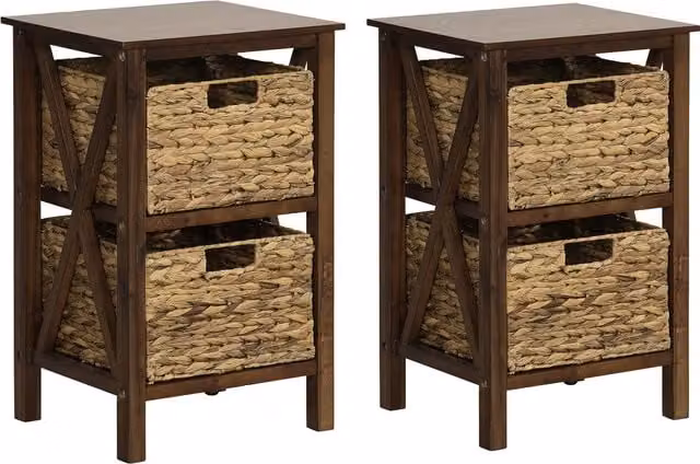 Set of 2 Rustic Brown Acacia and Rubberwood Nightstands by COSTWAY