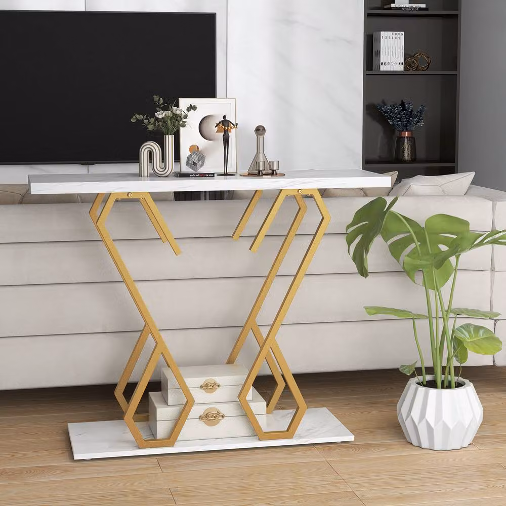 Costway Modern Faux Marble Console Table in White – 3