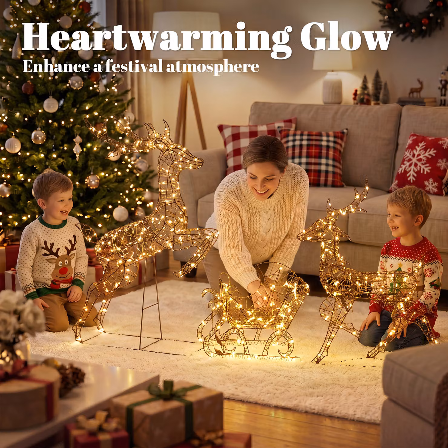 Outsunny 3-Piece Lighted Reindeer and Sleigh Set in Brown and White with Warm White LEDs and Daily Timer – 4