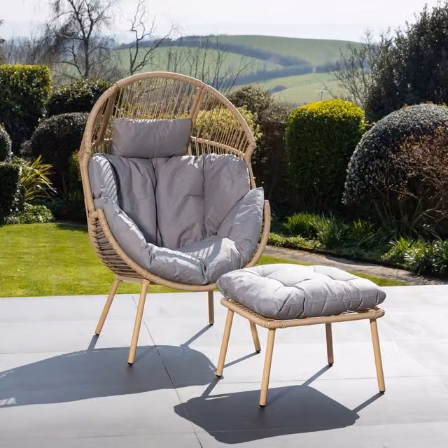 Artemis Home Nestara Standing Egg Chair and Stool in Grey Rattan