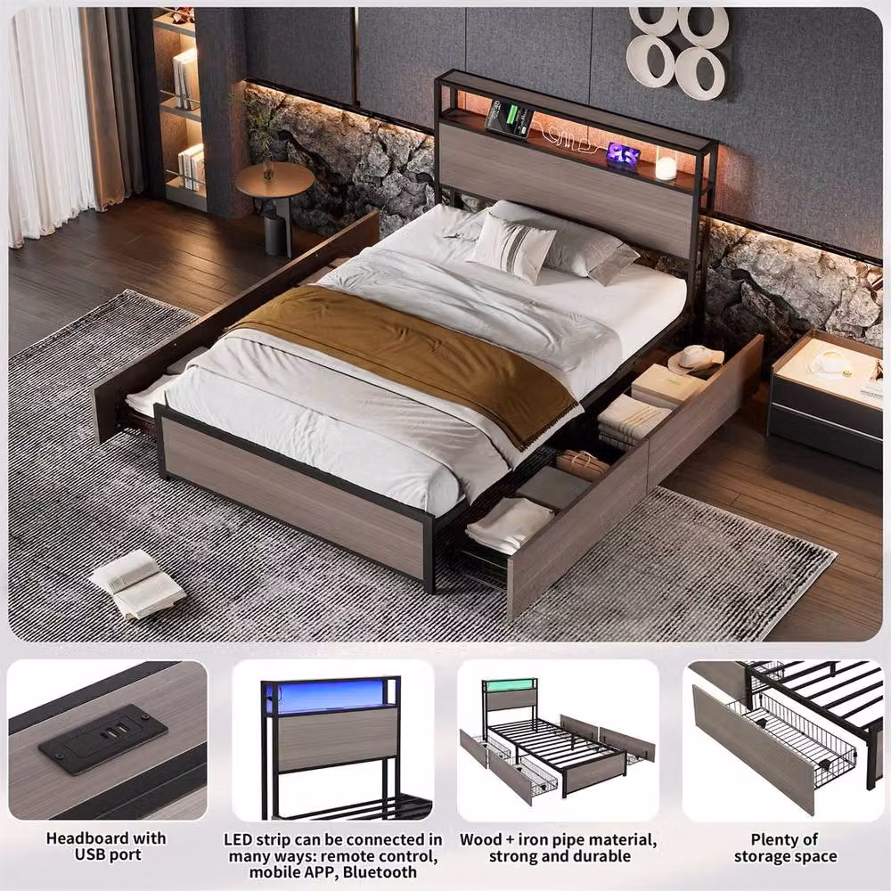 PAWNORA Single Bed Frame with LED Under-Bed Lighting and Drawers in Grey, 90 x 200 cm – 3