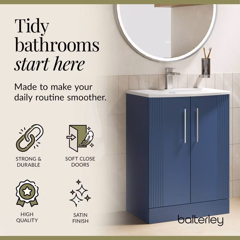 Balterley Floor Standing 2 Door Vanity Unit with Curved Basin in Satin Blue, Width: 60 cm – 3