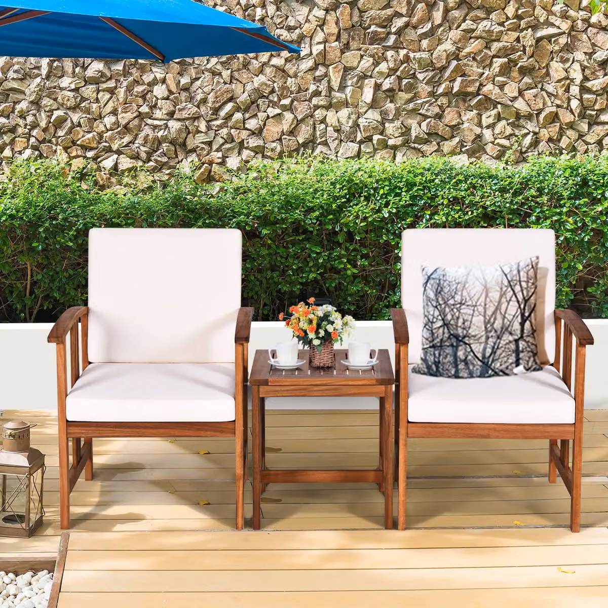 Gymax 3-Piece Outdoor Acacia Wood Sofa Set with White Upholstered Cushions – 6