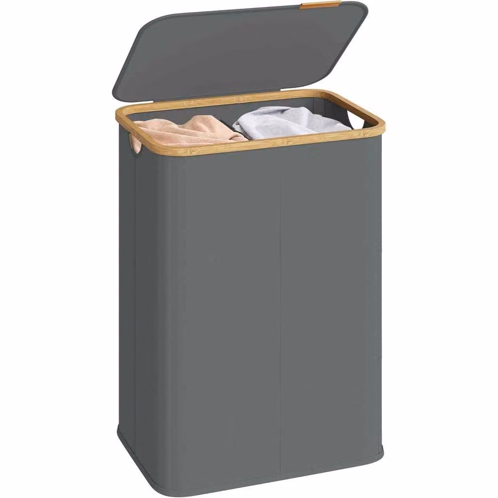The Bazaarist 2 Compartment Collapsible Laundry Hamper with Lid in Dark Grey – 2