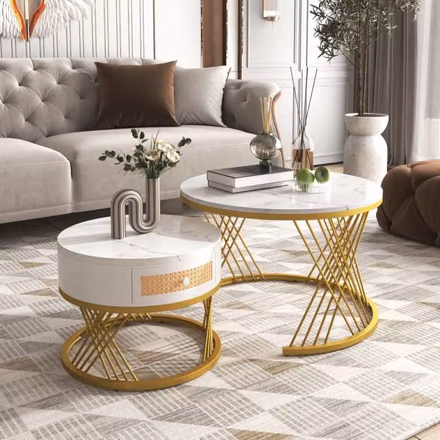 Aosom.UK 2-in-1 Nesting Coffee Table with Marble Top and Metal Legs, Round White and Gold Coffee Table with Storage, W/D/H: 70 x 70 x 45.5 cm – 1