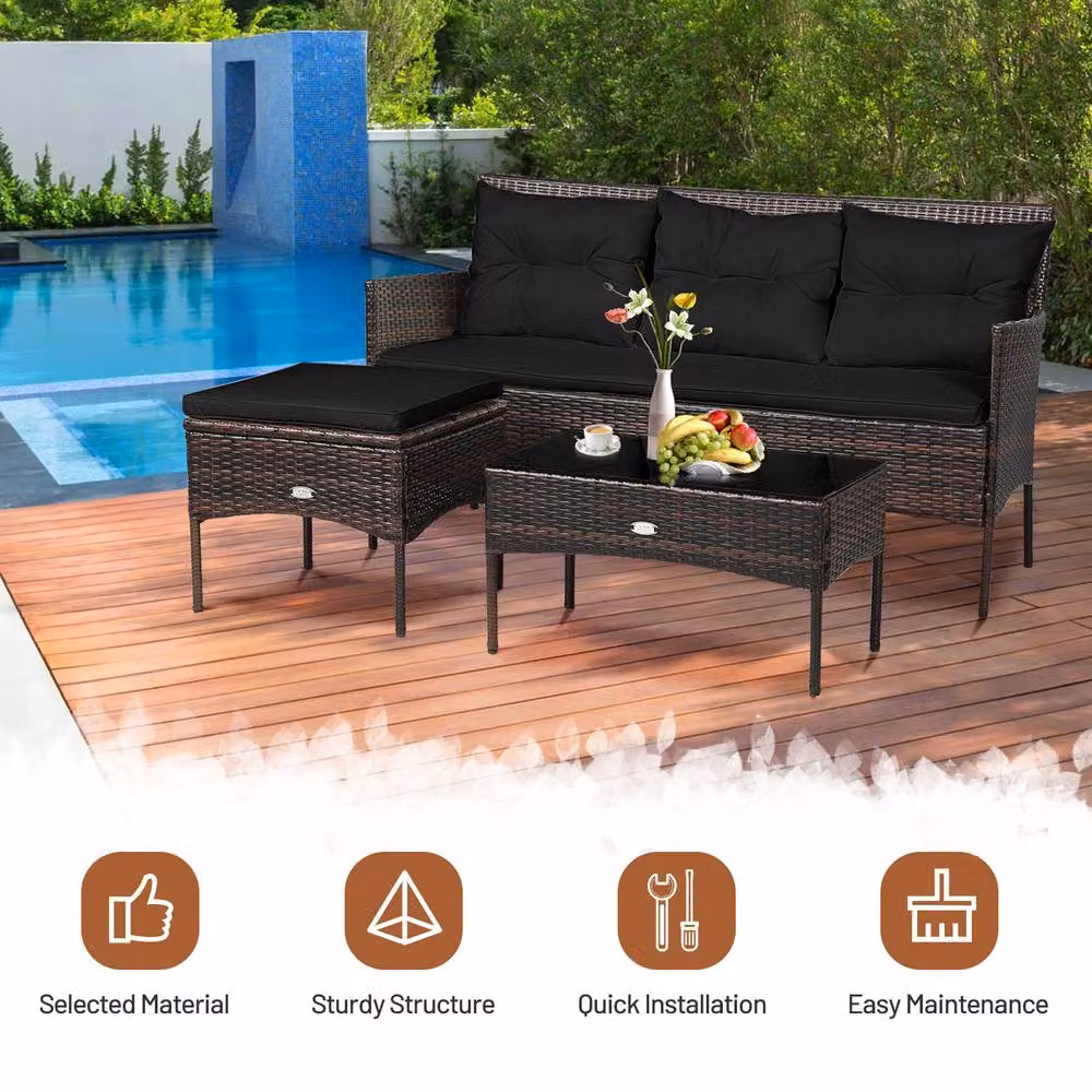 Costway 3 Piece Outdoor PE Rattan Patio Conversation Set in Black with Upholstered Cushions, 3 Seater Sofa, Coffee Table and Ottoman – 9