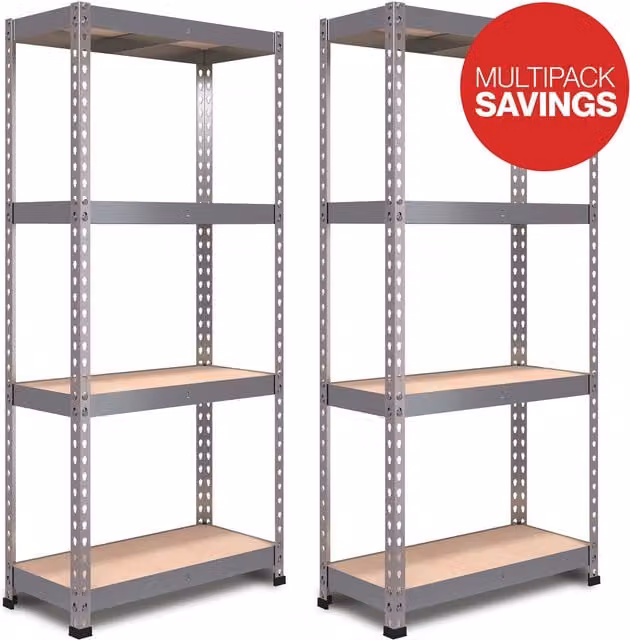 RB Boss Pack of 2 FastLok Freestanding Garage Shelving Racking Units in Silver, Height: 145 cm
