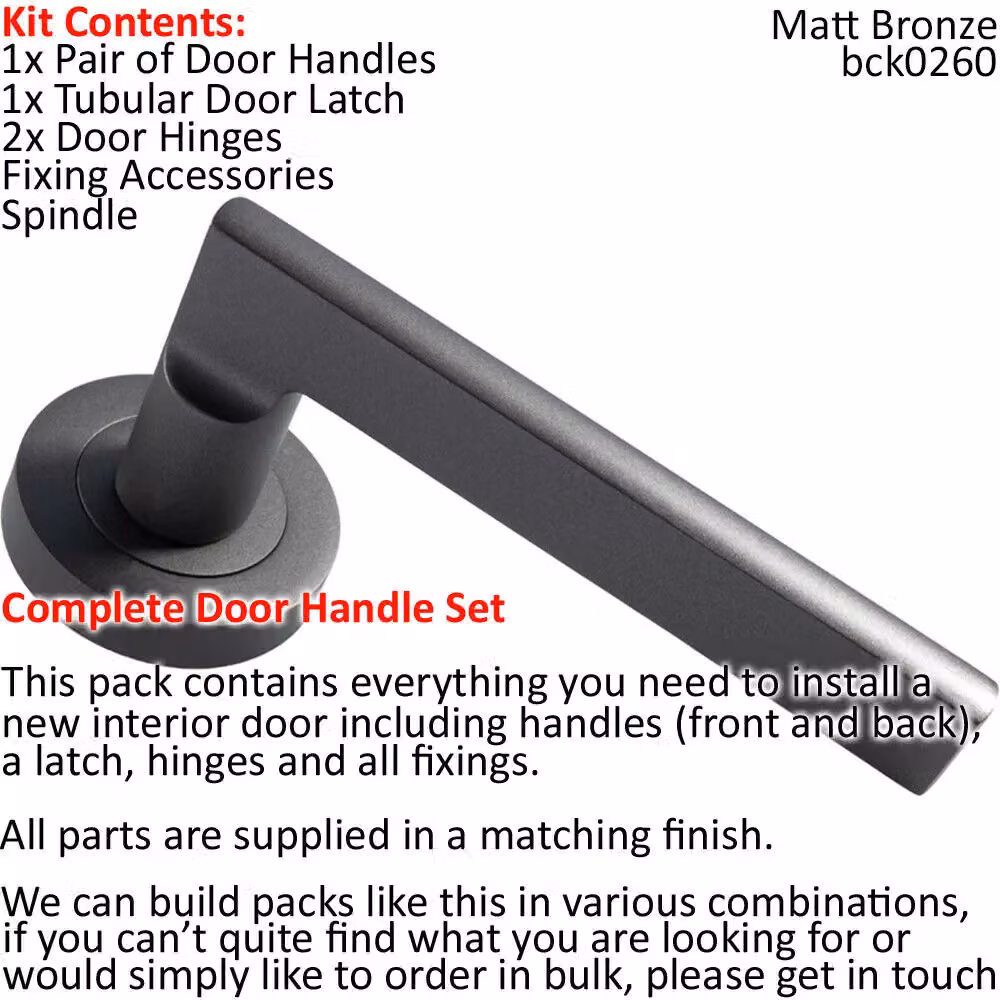 Loops Matt Bronze Door Handle and Latch Pack with Plinth Mounted Bar and Round Rose – 2