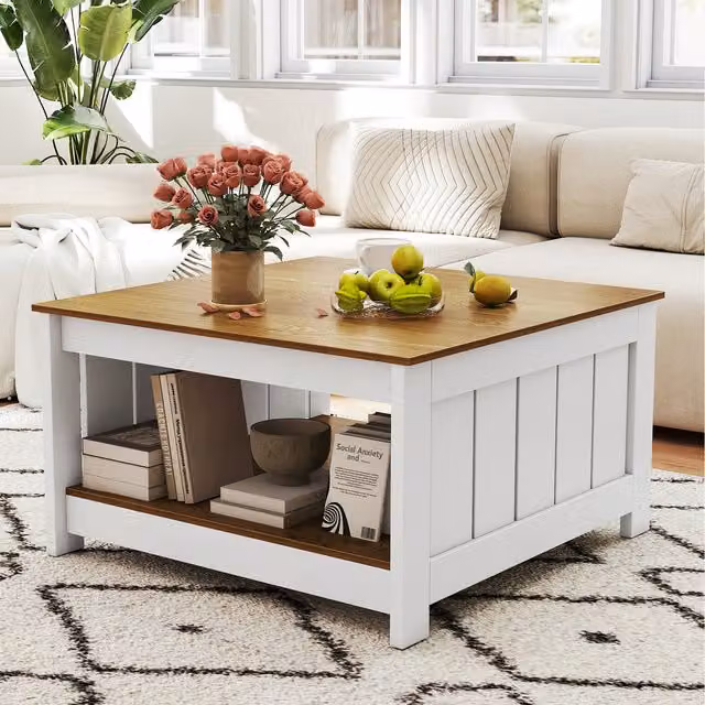 COSTWAY Rustic Brown Square Wood Coffee Table