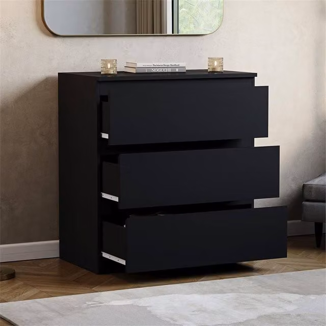 FORGEVIO Black Modern 3 Drawer Bedside Chest
