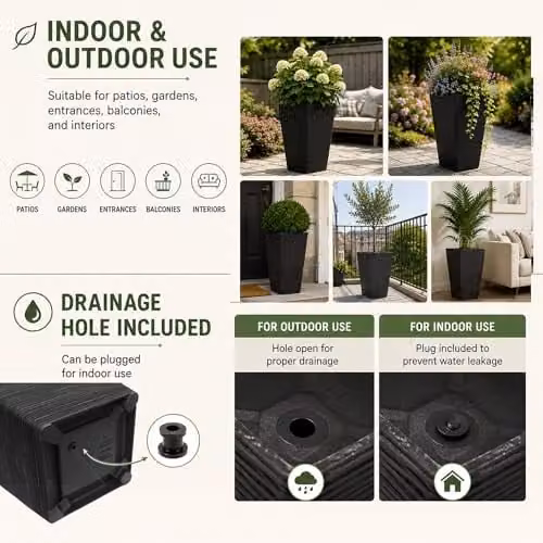 Nicoman Avondale Smooth Black Tall Square Rubber Planter, Pack of 2, W/D/H: 33 x 33 x 61 cm – 3