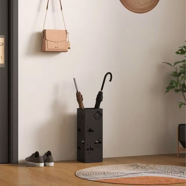 HOMCOM Black Metal Square Umbrella Stand with Removable Drip Tray