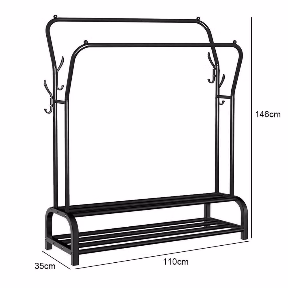 VOGREX Black Heavy Duty Double Clothes Rail with Shoe Storage Shelves and Dual Hook Matrix – 2